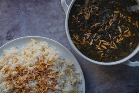 Spinach  or Sabanekh with chicken a Mediterranean dish served with rice