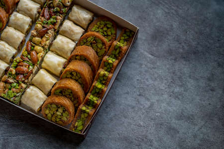 Arabic and Turkish oriental sweets Desserts made of pistachios and kunafa with leafy doughの写真素材