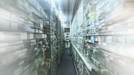 Modern pharmacy storage room and a robot hand is arranging and storing out drugs in a pharmacy.
