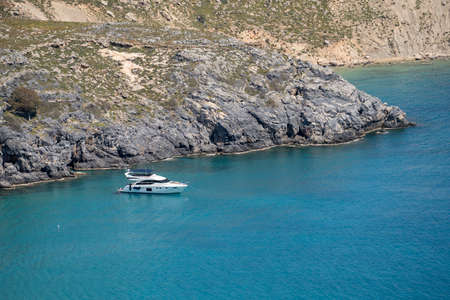 Bout at beach  Pallas near  Lindos city in Greece.の写真素材