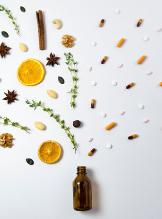 Herbal medicine vs chemical medicine top view or flat white  background - drugs vs herbalの写真素材