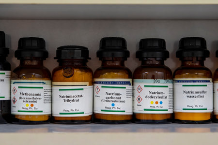 Chemistry reagent on a shelf in a pharmacy laborのeditorial素材