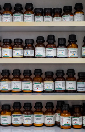 Chemistry reagent on a shelf in a pharmacy laborのeditorial素材