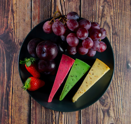Dutch cheese types on plate and bread and fruit on wooden backdrop.Top viewの写真素材