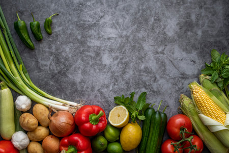 Vegetables on table  and in the center a empty writing space.Cooking concept.の写真素材