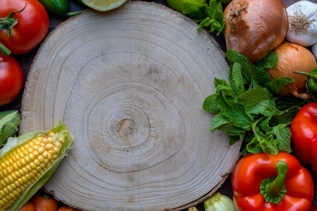 Vegetables on table and in the center a wooden cutting plate.の写真素材