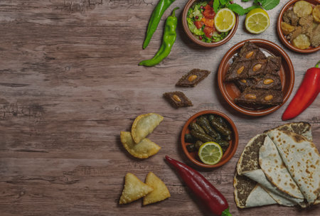 Arabic Cuisine: Middle Eastern traditional lunch.Ramadan Iftar. Sambusak, Kibbeh, Lahmajun, Stuffed...