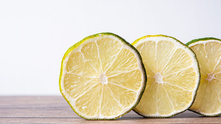 Lemon slices color green .on wooden table.Macro photography