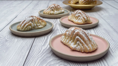 Desserts Eid al-Fitr, Kahk (Eid Cookies) Arabic filled Pistachio or nut called Maamoul Cookies. Side view.の写真素材