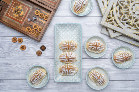 Desserts Eid al-Fitr, Kahk (Eid Cookies) Arabic filled Pistachio Maamoul Cookies. Top view.の写真素材