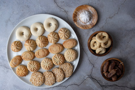 Eid al Fitr a different types of baked sweet Fabulous Kahk  Eid Cookiesの写真素材