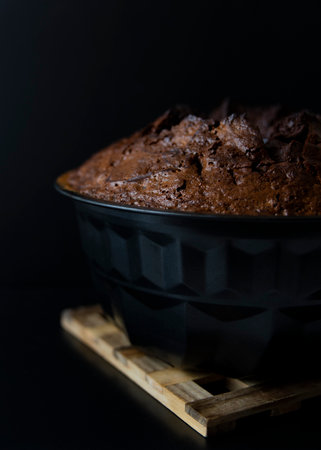 Homemade chocolate cake on Wooden Table Protector against black Background.の写真素材