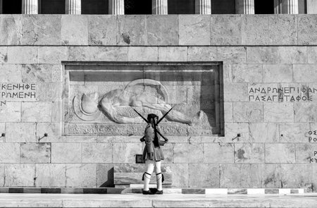 Change of Guard at the Monument of the Unknown Soldier  at Syntagma Square the Greek HELLENIC Parliament that is the central square of Athens.のeditorial素材