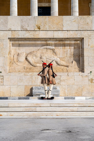Change of Guard at the Monument of the Unknown Soldier  at Syntagma Square the Greek HELLENIC Parliament that is the central square of Athens.のeditorial素材