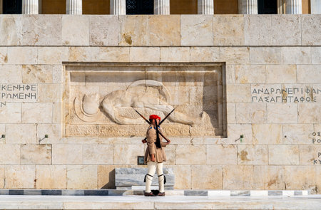 Change of Guard at the Monument of the Unknown Soldier  at Syntagma Square the Greek HELLENIC Parliament that is the central square of Athens.のeditorial素材