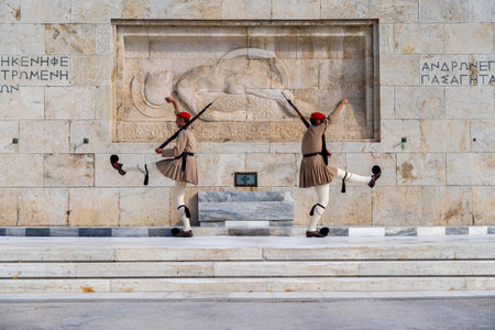 Change of Guard at the Monument of the Unknown Soldier  at Syntagma Square the Greek HELLENIC Parliament that is the central square of Athens.のeditorial素材