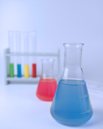 Chemistry lab Flasks and tubes and  color reagents mix for Schoolの写真素材