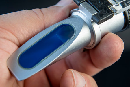 Refractometer,  Macro photography, the front part where the liquid is measured .Refractometer  a laboratory or field device for the measurement of an index of refraction.Aquarium tools  or Labor tool.の写真素材