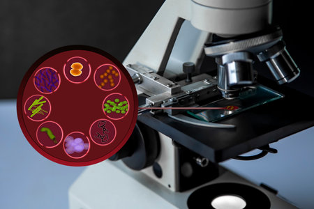 A microscope close up with illustrated different bacterial types.の写真素材