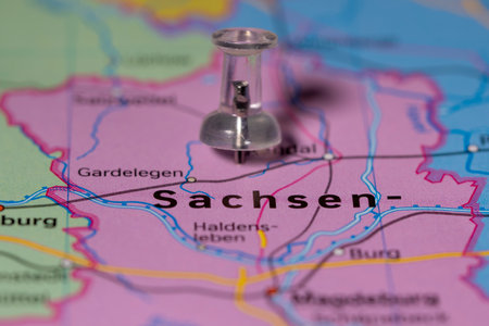 Sachsen map, colorless Pins on a map showing the name of Sachsen a state of Germany.の写真素材