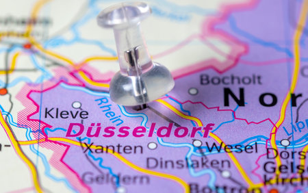 Dusseldorf map, colorless Pins on a map showing the city of DÃ¼sseldorf in Germany.