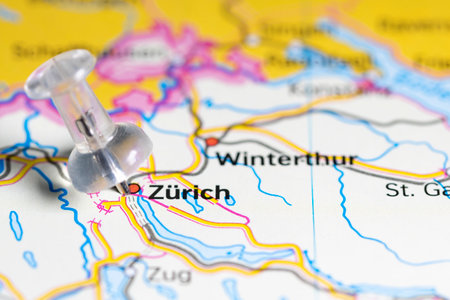 ZÃ¼rich  map, colorless Pins on a map showing the city of ZÃ¼rich in Switzerland.の写真素材