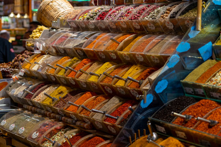 different kinds of colorful exotic spices in the markt  in the Egyptian Spice Bazaar in Istanbul .
