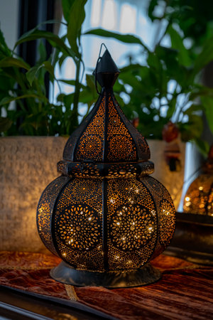 Black lantern in living room for Ramadan decoration.の写真素材