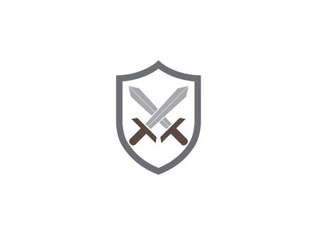 Two swords inside the shield  design illustration, security symbol, warrior tools iconのイラスト素材
