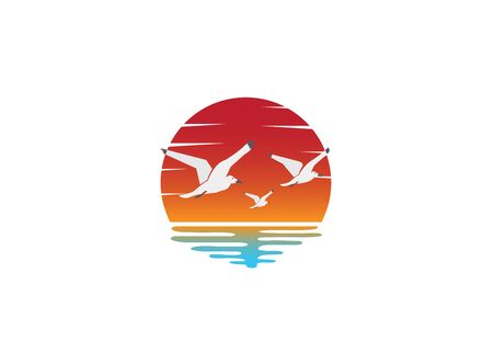 sunset and seagulls in the beach for design illustration on white backgroundのイラスト素材