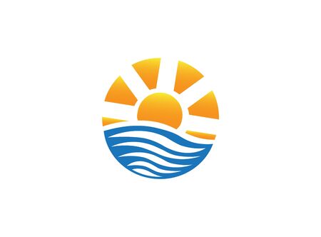Bright sun on sea waves for logo design illustration on a white backgroundのイラスト素材