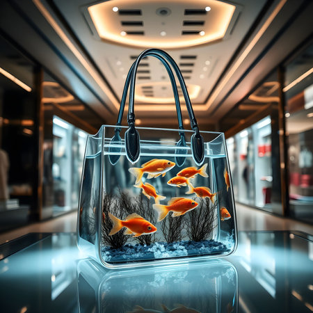 Luxury Aquarium Handbag on Display: A striking and surreal conceptual image featuring a clearの素材