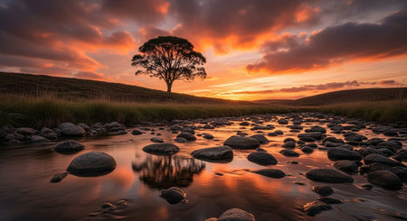 Sunset Reflection Over Rocky River Landscapeの素材