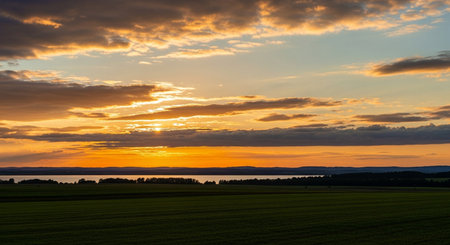 Golden Evening Sky Above Green Fieldsの素材