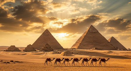 Golden Desert Sunset with Camels and the Great Pyramidsの素材