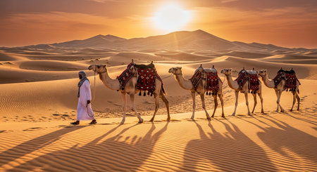 Desert Journey with Bedouin Guide and Camels at Sunsetの素材