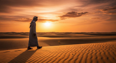 Sunset Over Sand Dunes with Middle Eastern Man Walkingの素材