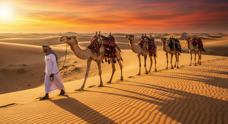 Bedouin Leading a Camel Caravan at Sunset in the Desertの素材