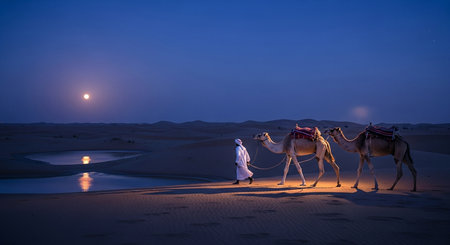 Bedouin Leading Camel Caravan Under Blue Hour Desert Skyの素材