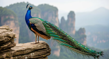 Vibrant Peacock on Rock with Misty Mountains Behindの素材