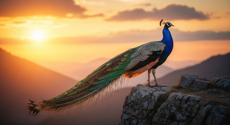 Vibrant Peacock on Rocky Ledge with Sunset Skyの素材