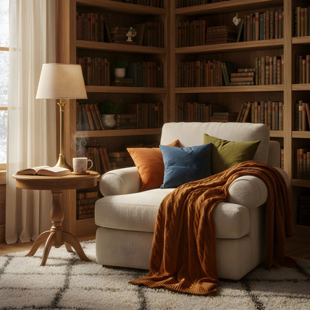 Cozy Reading Corner with Armchair, Warm Lighting, and Bookshelfの素材