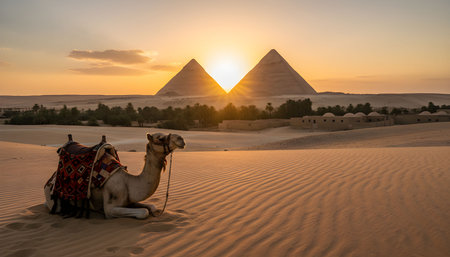 Camel in Front of the Great Pyramids During Sunset: A camel sits calmly on desert sand with the Great Pyramidsの素材