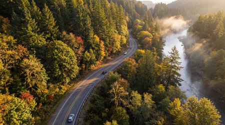 Aerial View of Scenic Forest Road Beside River at Sunriseの素材