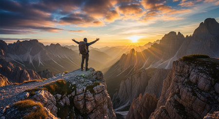 Hiker Standing on Mountain Peak at Sunrise with Arms Raisedの素材