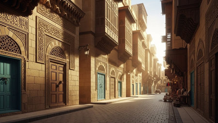 Historic Al-Muizz Street in Old Cairo at Sunriseの素材