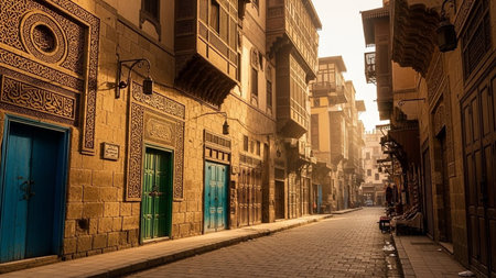Historic Al-Muizz Street in Old Cairo at Sunriseの素材