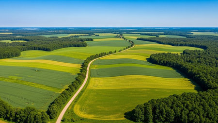 Aerial View of Green Farmland and Countryside Landscape on a Sunny Dayの素材