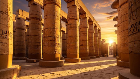 Karnak Temple Hypostyle Hall at Sunset â Ancient Egyptian Columns and Hieroglyphsの素材