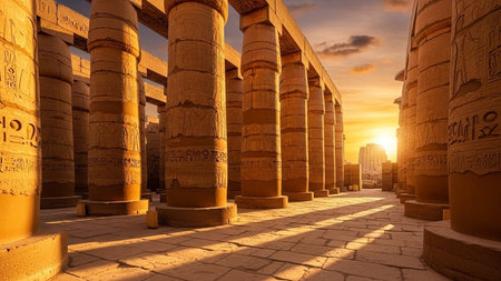 Karnak Temple Hypostyle Hall at Sunset â Ancient Egyptian Columns and Hieroglyphsの素材